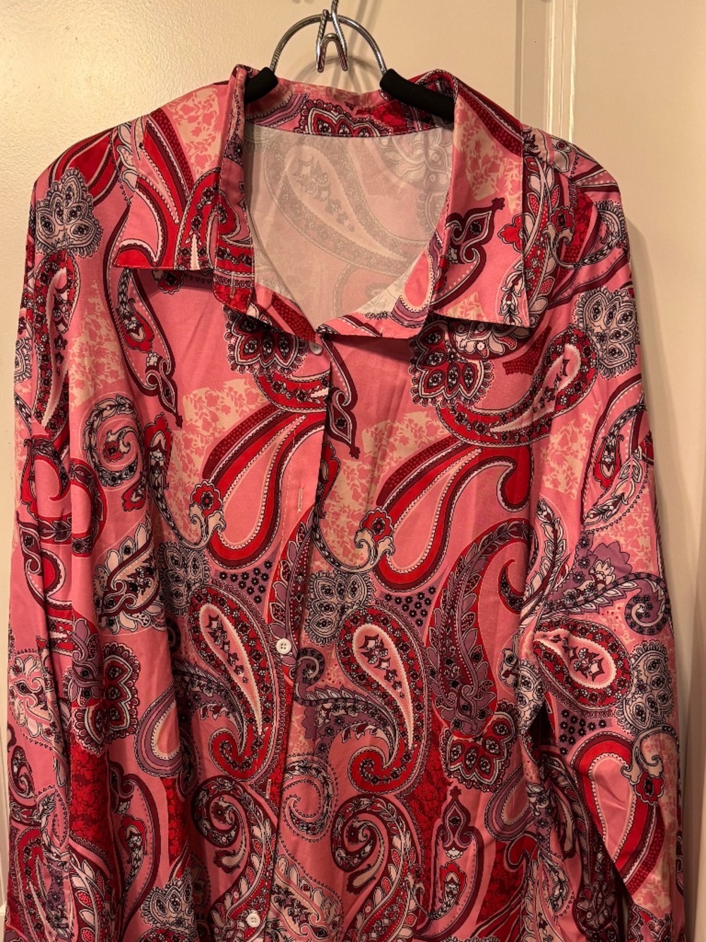 Women's Paisley Button Front Blouse 5XL | Pink Red Long Sleeve Career Top